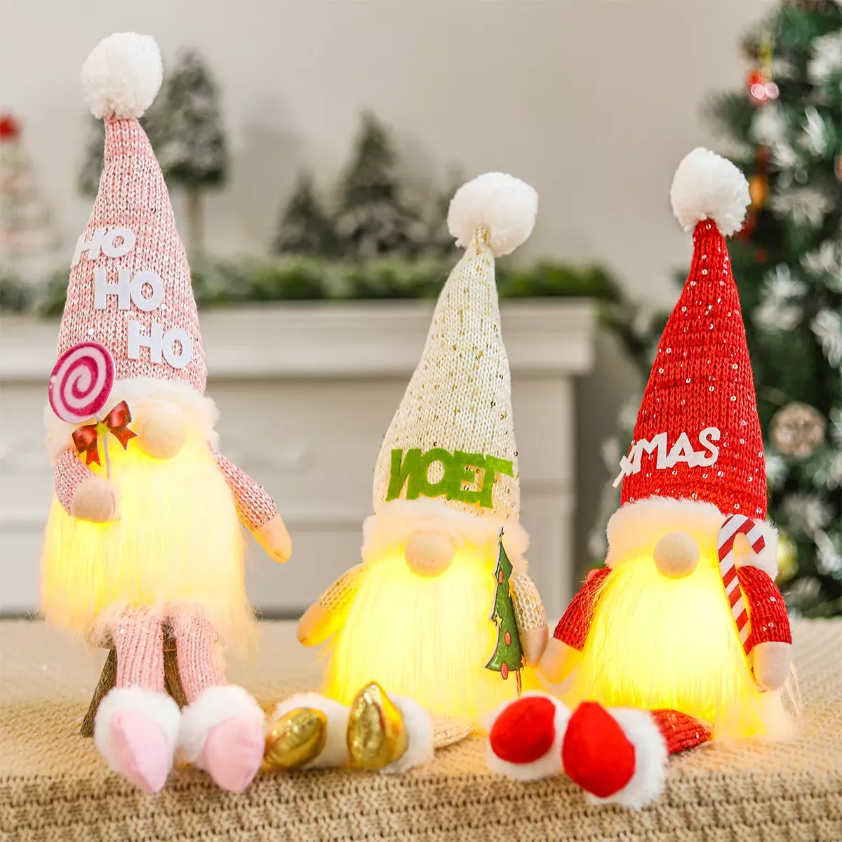 3 light up gnome dolls in christmas attire