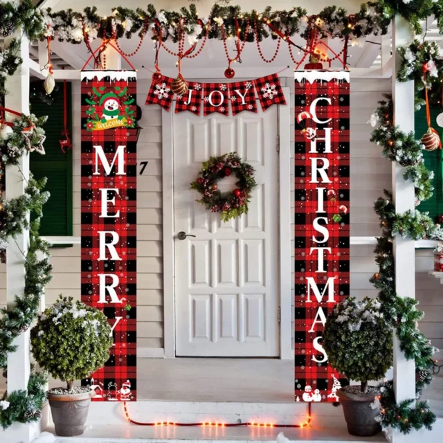 Christmas tartan banner and sign for front house porch