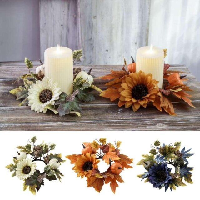 Two candle holder floral rings on display in white and pumpkin shade